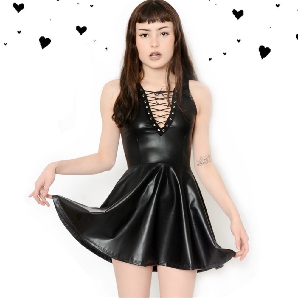 Black Lace-Up Vinyl Dress